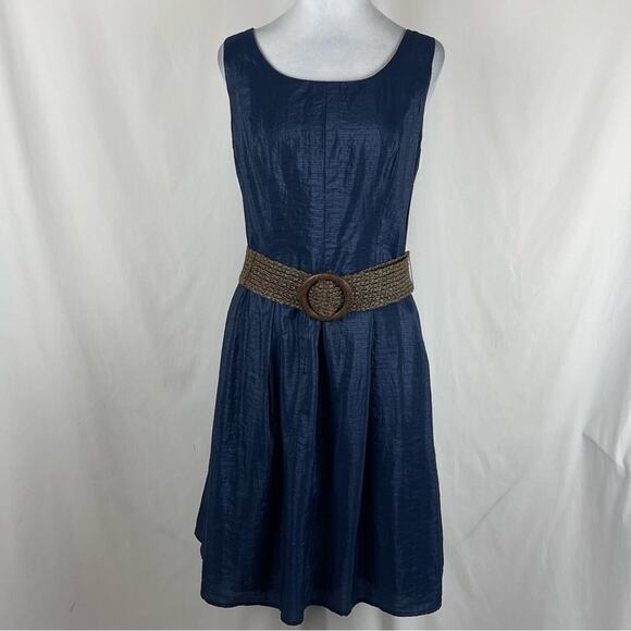 Tiana B. Metallic Navy Cottage Coastal Grandma Belted Dress NWT Size 14 - Picture 2 of 13